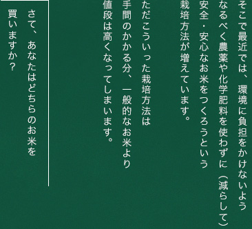 そこで最近では、環境に負担をかけないようなるべく農薬や化学肥料を使わずに（減らして）安全
